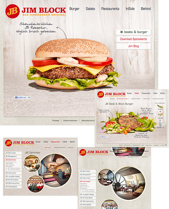 Neuentwicklung der Webseite für die Burger-Restaurantkette Jim Block 2013 in Zusammenarbeit mit fbi Hamburg