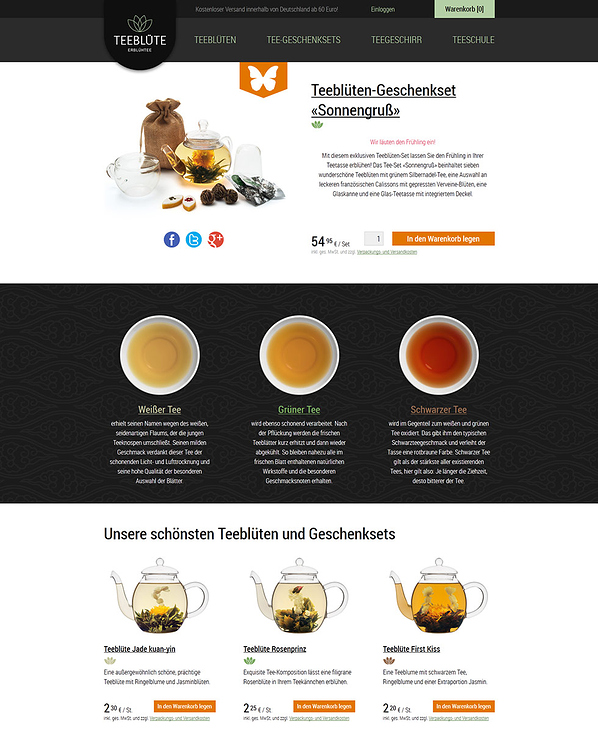 Onlineshop mit einem Produkt-Katalog und ausführlichen Informationen zum Thema Tee