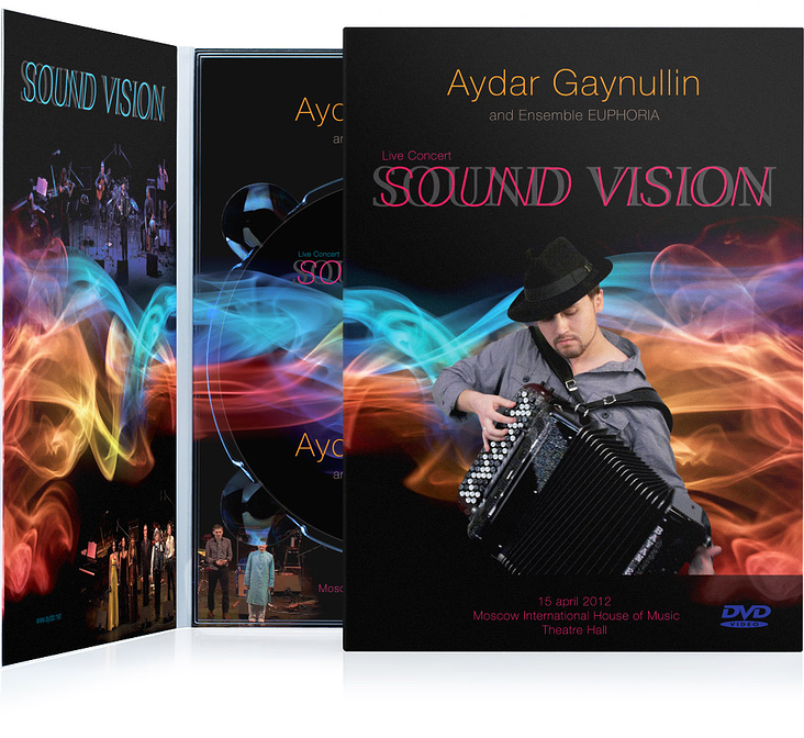 Gestaltung eines DVD-Covers: der Akkordeonspieler Aydar Gaynullin