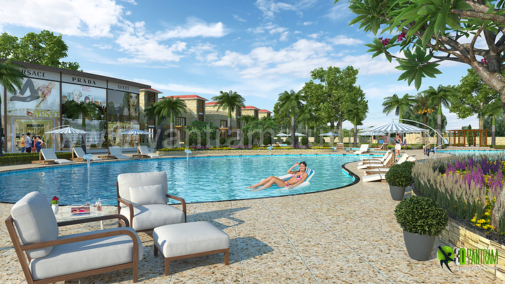 3D-Rendering Exterior Resort und Pool