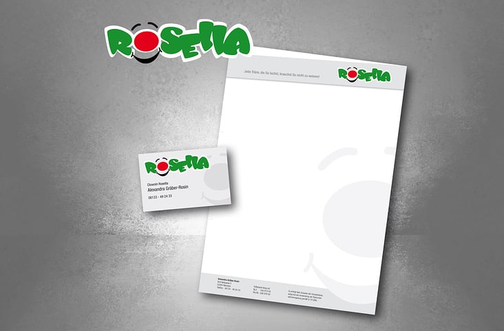Entwicklung von Logo, Visitenkarte und Briefbogen. Die Clownin „Rosella“ war sehr mit unserer Leistung zufrieden.