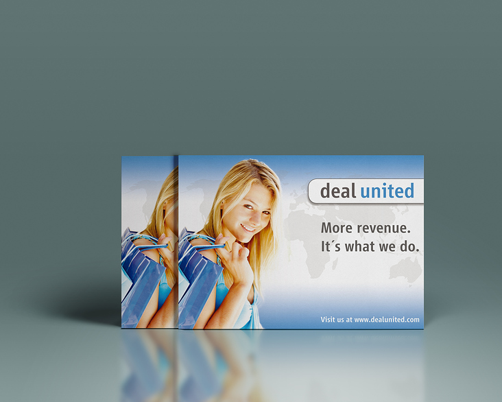 Flyer DIN A6 & Aufkleber: deal united – More Revenue. It´s what we do.