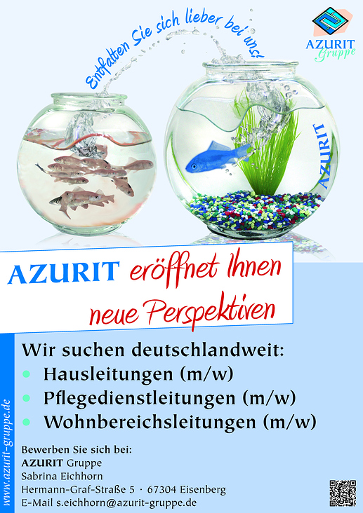 Stellenangebot mit azur(-it)-blauen Fisch