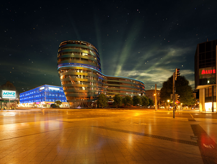 der neue blaue Bock bei Nacht – eine Vision für Magdeburg