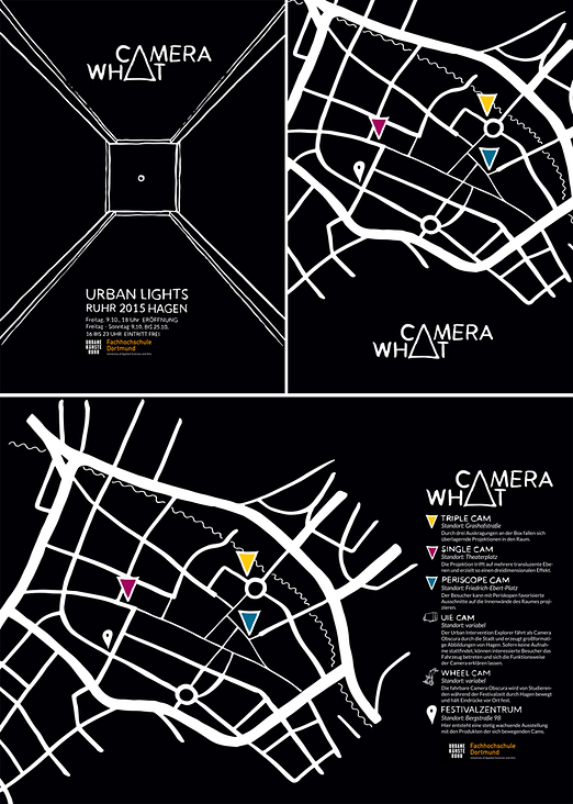 Plakat, Standortkarte und Flyer für Urban Lighs Ruhr 2015, Projekt „Camera What“, Teamarbeit (Grafik) mit Karen Dierks