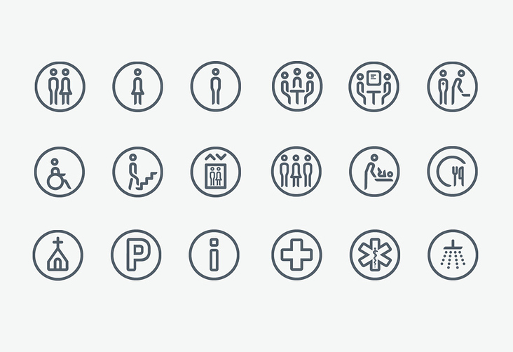 Piktogramme werden medienübergreifend für das Orientierungssystem, die Signaletik, den Webauftritt und die Drucksachen genutzt.