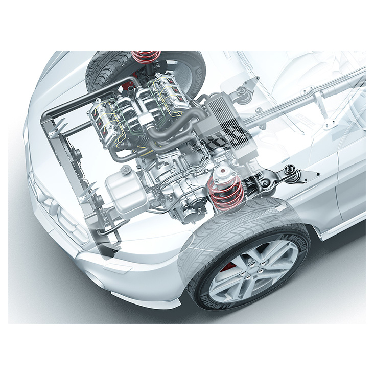 Transparente 3D-Illustration: Auto mit dem Motor, Getriebe und Fahrwerk