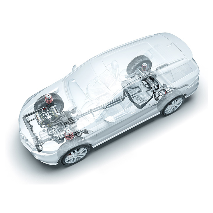 Transparente Auto mit dem Motor, Getriebe und Fahrwerk – 3D-Visualisierung
