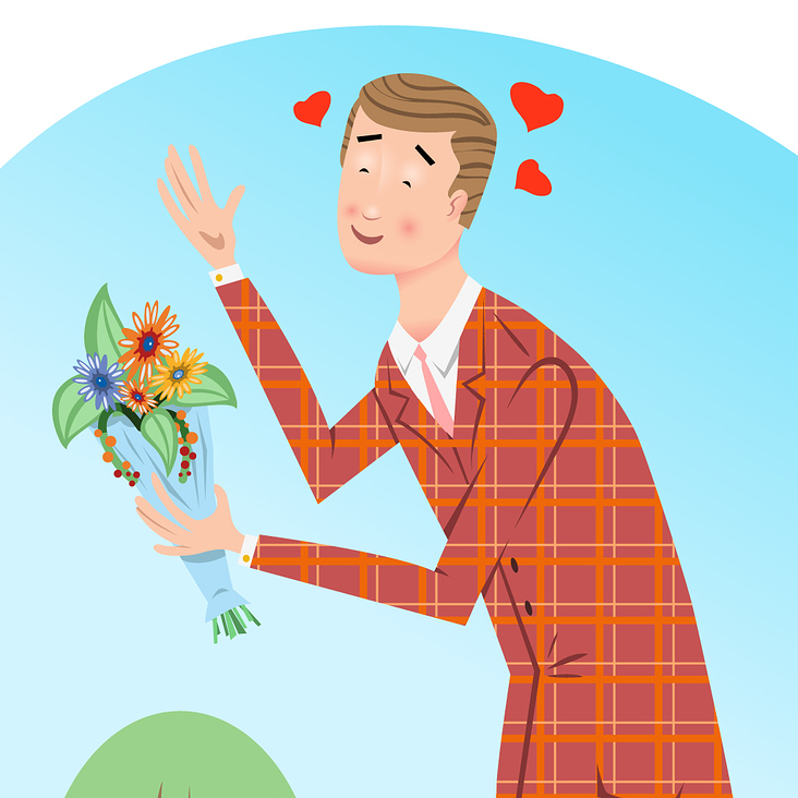 Mann mit Blumenstrauß gesteht seine Liebe (Vektorgrafik)