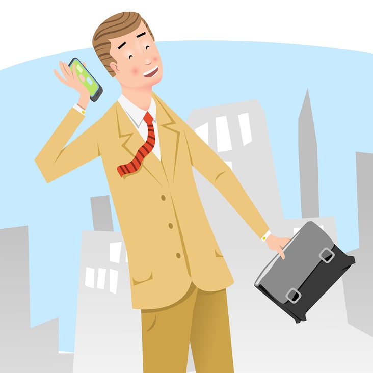 Mann telefoniert mit Smartphone vor Stadtsilhouette (Illustration)