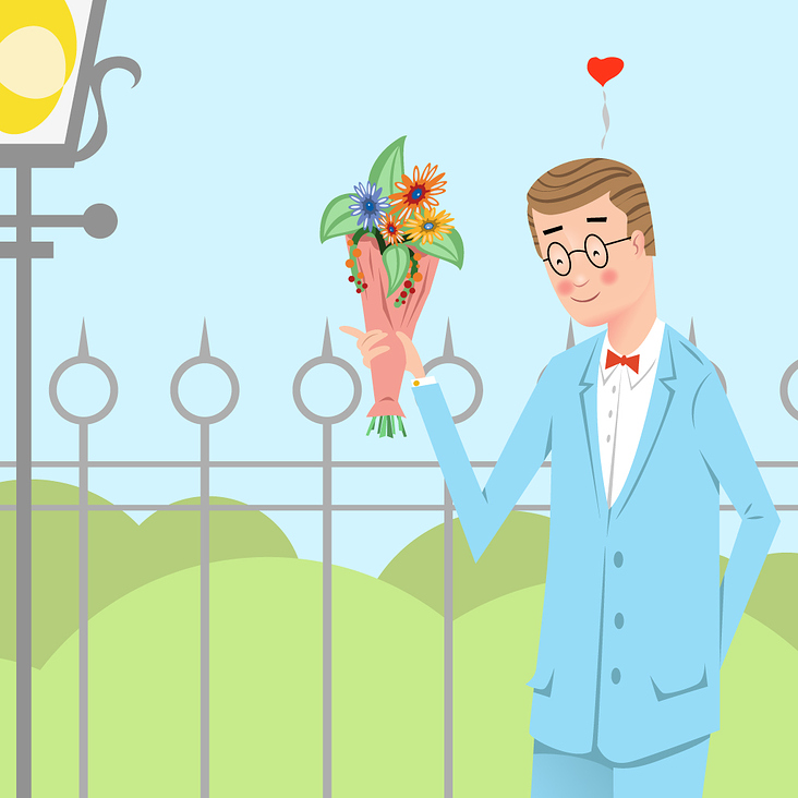 Verliebter Mann mit Blumen wartet auf sein Date (Vektorgrafik)