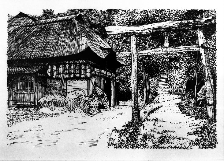Illustration für das Buch „Das japanische Haus und sein Leben“ von Bruno Taut. Tusche und Feder auf Papier 1985