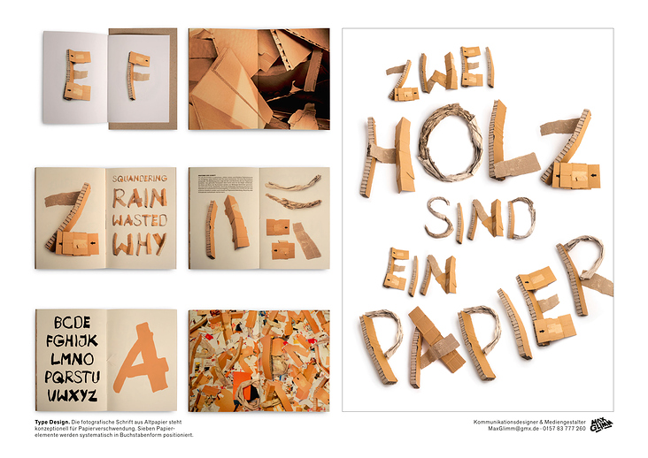 Type Design. Die fotografische Schrift aus Altpapier steht  konzeptionell für Papierverschwendung.