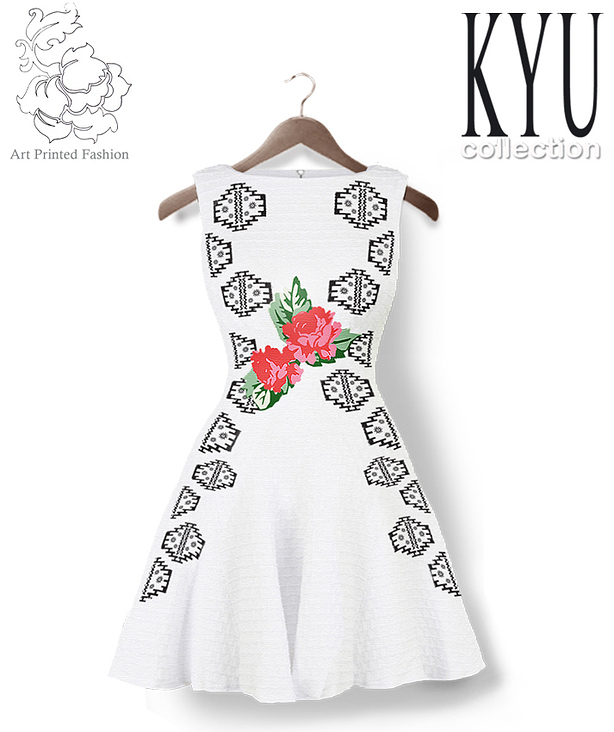 Art Printed Fashion; weißes, knielanges Kleid  aus sehr weichem Baumwollkrepp, handbedruckt