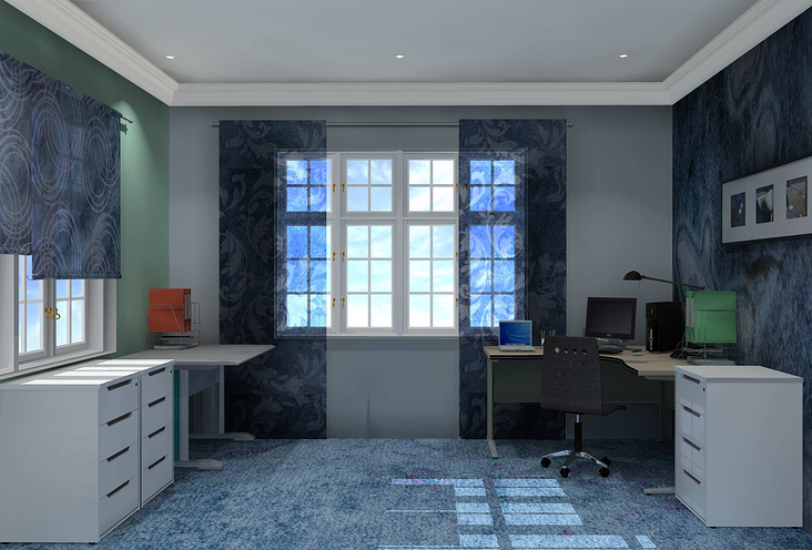 Individuell gestaltetes Home Office im Denim Look – Textildruck / Digitaldruck Design
