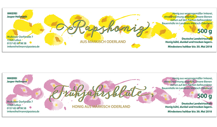 zwei Etiketten – Rapshonig und Frühjahrsblüte