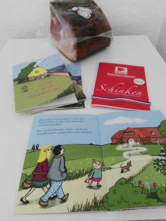 Fertiges Kinderbuch im DIN A6 Format zu Werbezwecke für Schinken Nissen