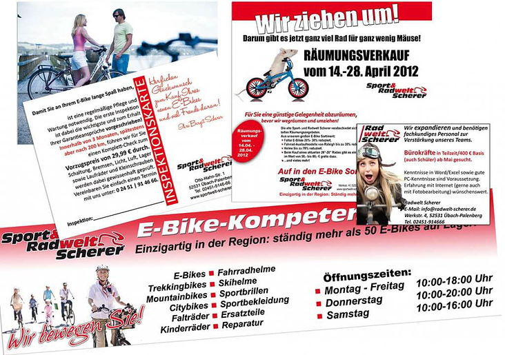 Sport & Radwelt Scherer – Logoumgestaltung, Anzeigen, Flyer, Banner, Stellwände, Plakate, Kundenmailings, Schilder