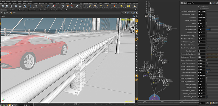 Node Setup + ein paar custom Parameter für die individuelle Gestaltung der Brücke