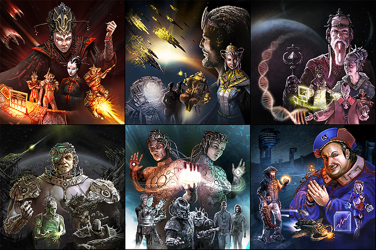 The six Factions, card illustrations for Exodus: Edge of Extinction | NSKN Games 2014