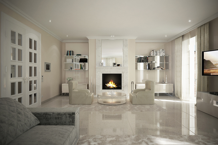 Wohnraum mit Kamin und TV-Lounge | Villa JUAN | Alt-Meererbusch
