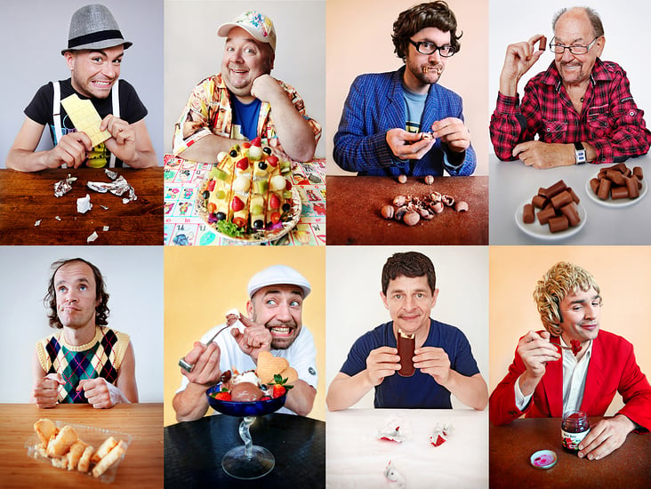 Scherzkekse beim Naschen – Im Jahr 2010 begonnene Fotoserie mit prominenten Komikern beim Naschen von Lieblingsleckereien.