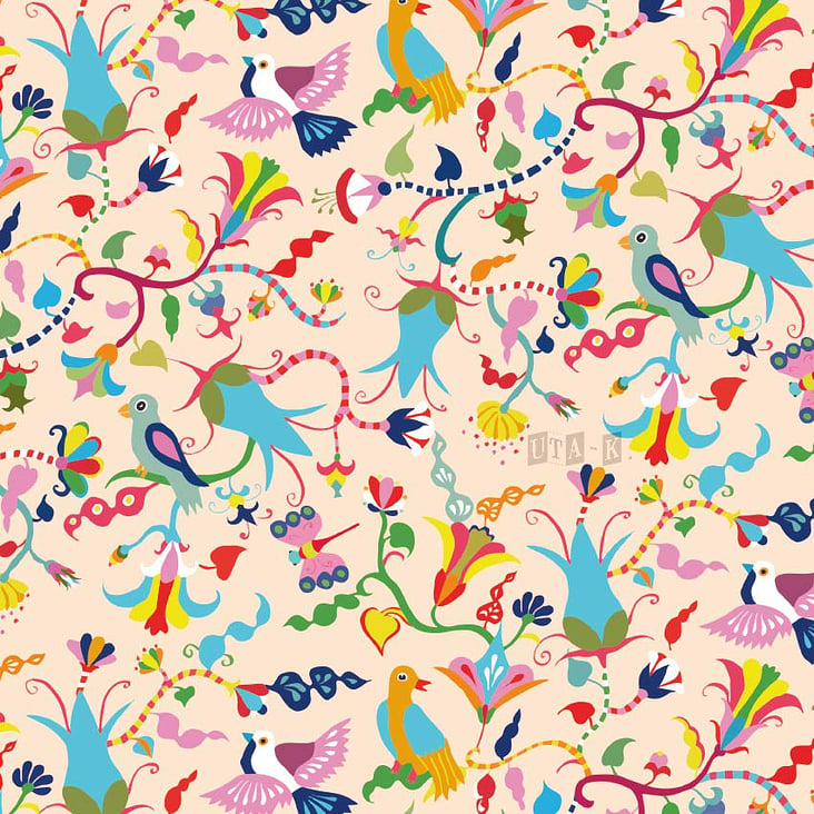 Muster Blumen und Vögel und Kringel