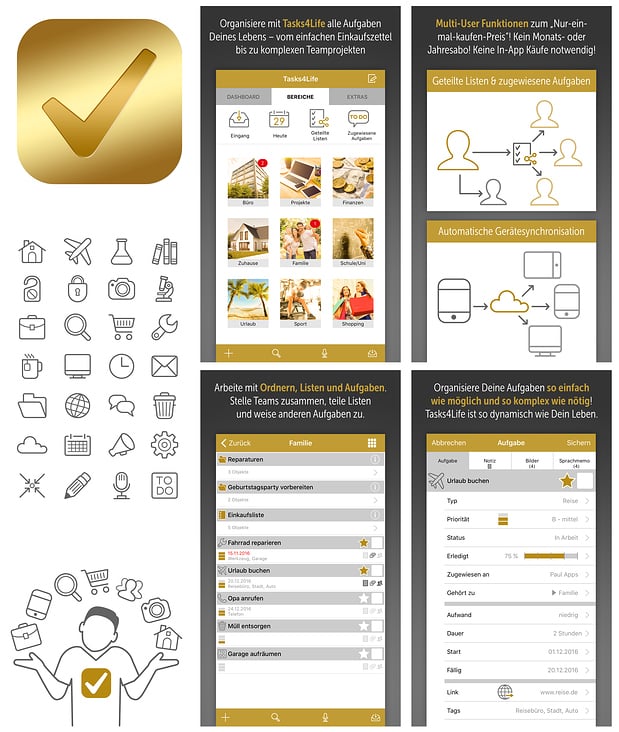 Icons im Kontext eines Gesamtprojektes (hier: Task Management App)