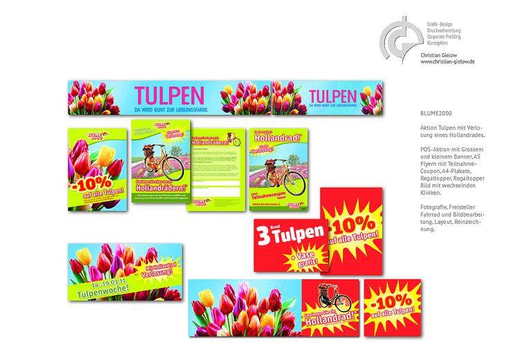 BLUME2000, Saisonwerbung Tulpen, POS-Werbung, Flyer und Gewinnspiel