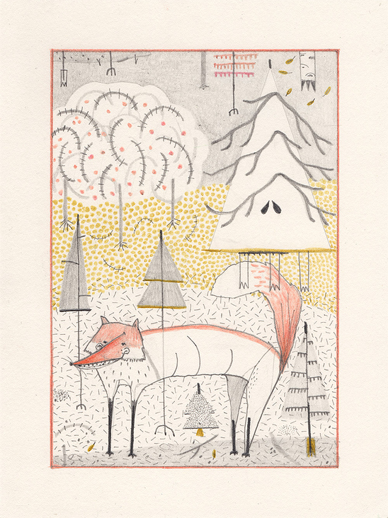 Fuchs im Wald, Illustration, Bleistift und Buntstift auf Papier,  13 × 18 cm, 2016