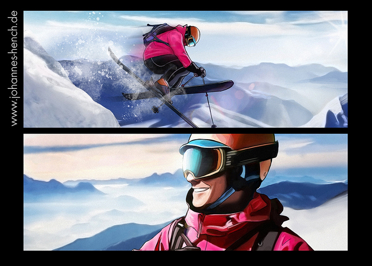 Storyboard Skifahren in Ischgl | 2 Frames (Auswahl) | Storyboard Illustrationen Johannes Hench