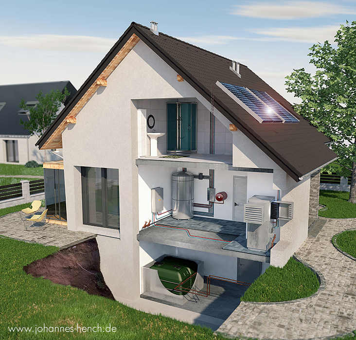 Nachhaltige Heizsysteme (Überblick) | technische 3D-Illustration Johannes Hench