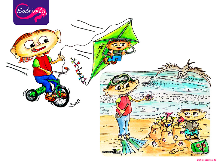 Tshirtmotive: Maxl und Franzi beim Kiten und am Strand