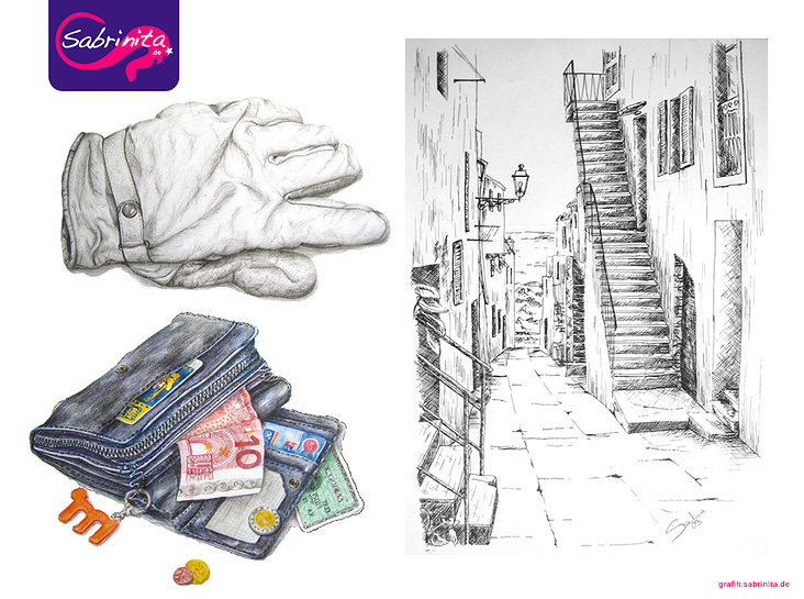 Zeichnungen: Handschuh, Geldbeutel, Capoliveri auf Elba