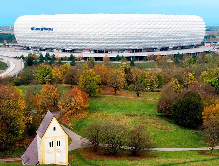 Drohnen Luftaufnahme der Allianzarena und Heilig Kreuz Kirche Kunstprojekt.