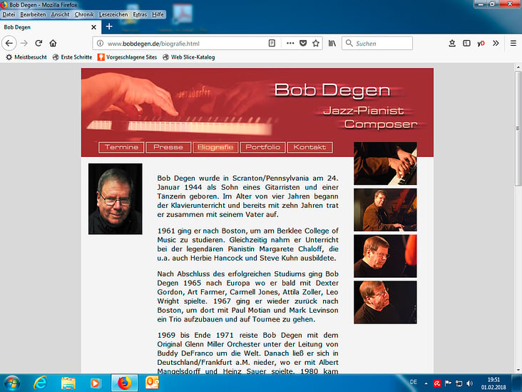 Screenshot vom HTML-Webauftritt des Jazz-Pianisten und Komponisten Bob Degen (www.bobdegen.de)