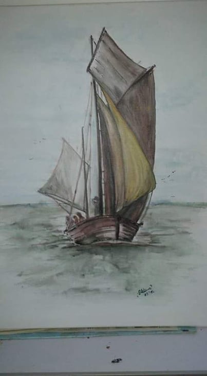 Zersboot in der Dämmerung, Aquarell auf Leinwand 40×60, 2018