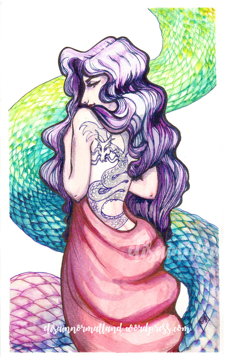 „Woman with dragon tattoo“ – watercolor and ink