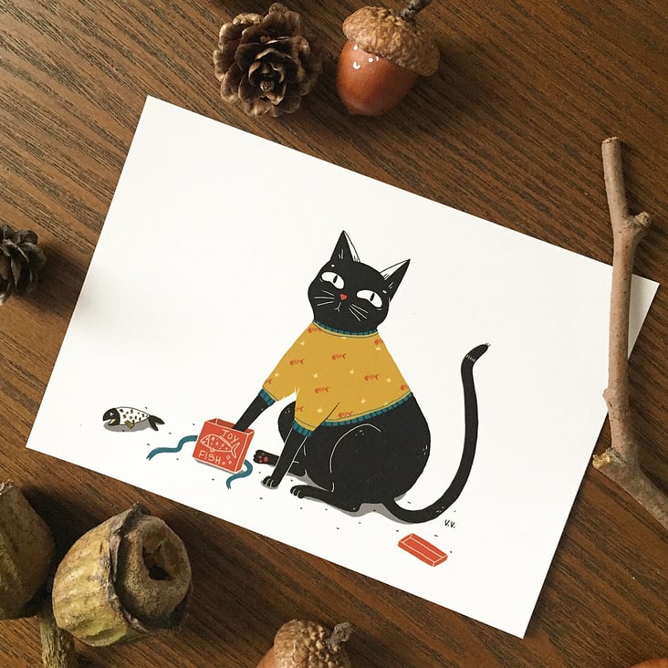 Postkarte Katze,  digitale Illustration