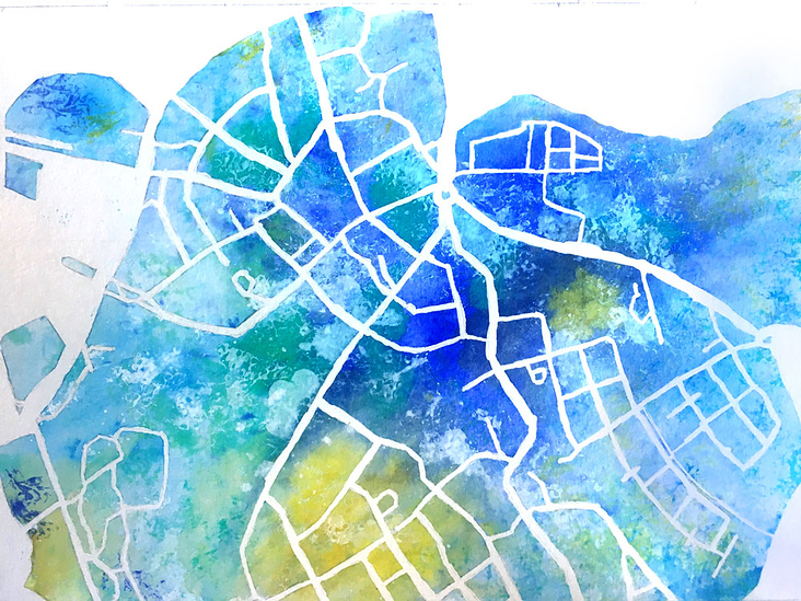 Private Arbeit – grafische Umsetzung einer Straßenkarte, analog mit Aquarellfarben