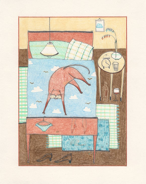 Schlafzimmer, Illustration, Bleistift und Buntstift auf Papier,  13 × 18 cm, 2017