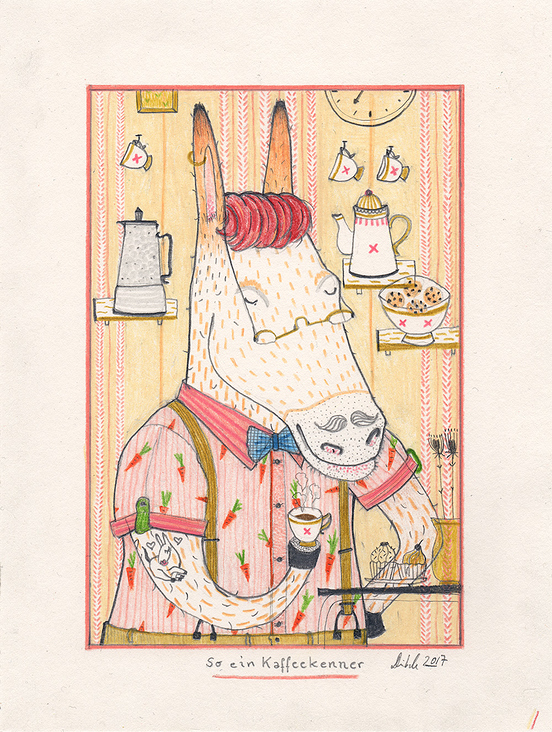 So ein Kaffeekenner, Illustration, Bleistift und Buntstift auf Papier,  13 × 18 cm, 2017