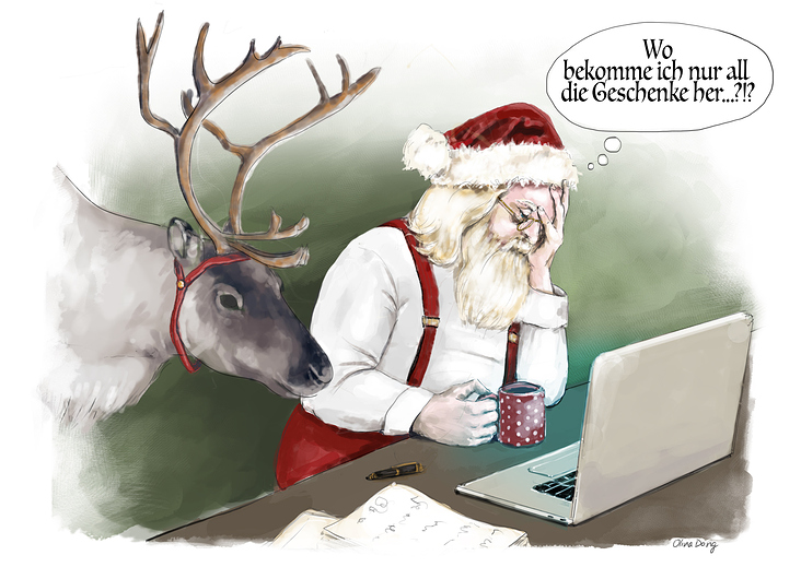 Müder Weihnachtsmann vorm Computer