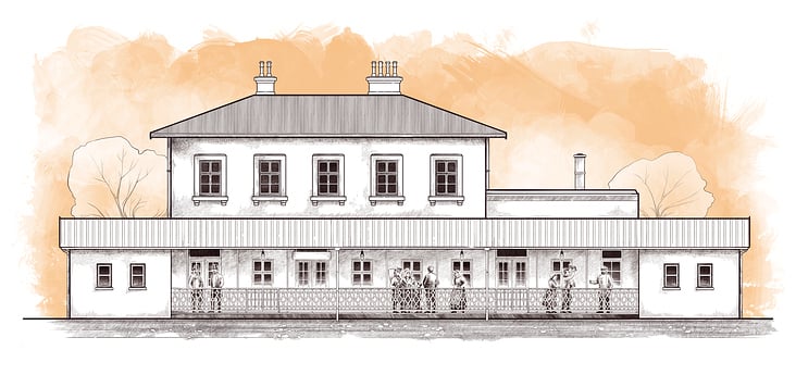 Illustration eines historischen Bahnhofsgebäudes