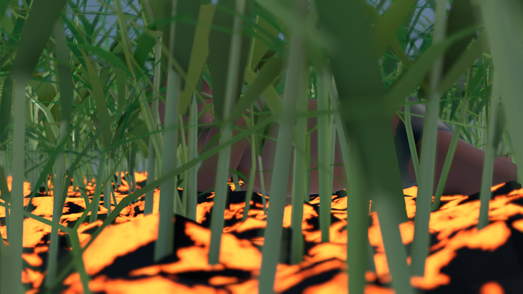 Lava, grass and a man (eevee rendering)