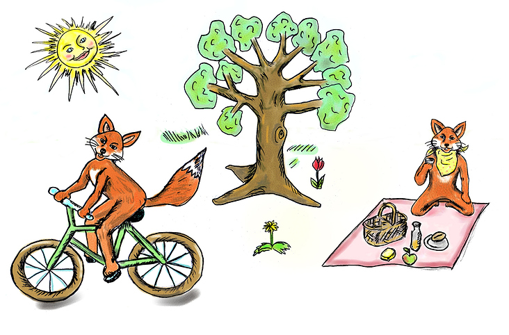 Fuchs beim Baum – Designvorschlag für ein Kinderbuch