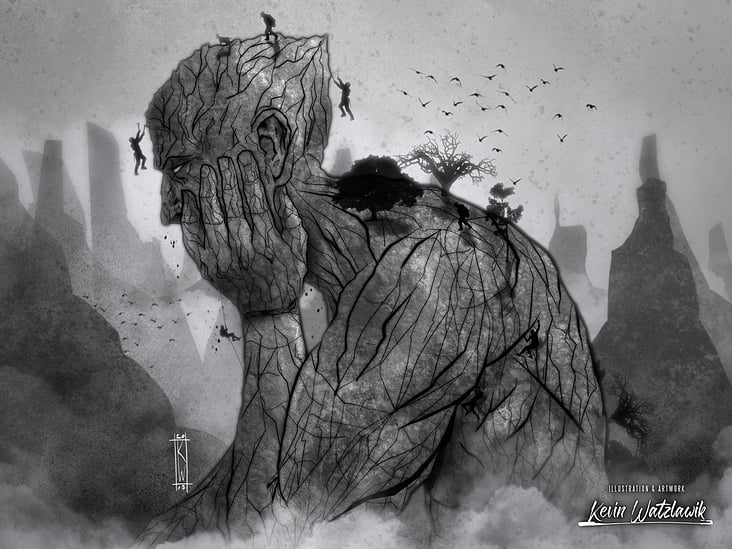 Digitale Schwarz-Weiß Illustration eines Fels- Giganten