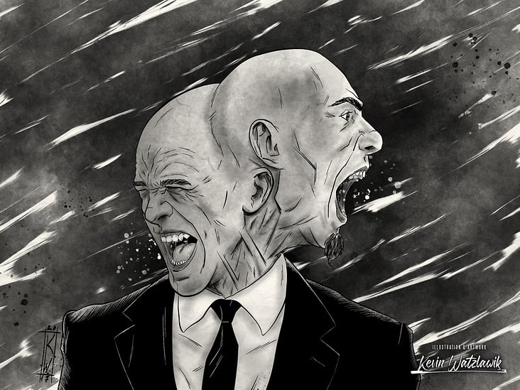 Digitale Schwarz-Weiß Illustration eines Mannes mit Schizophrenie