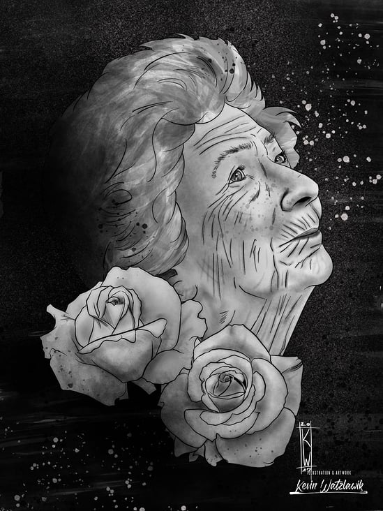 Digitale Schwarz-Weiß Illustration in Gedenken an einer ältere Dame