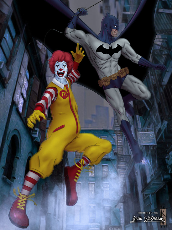 Digitale Zeichnung eines Batman und Ronald McDonald Team-Ups
